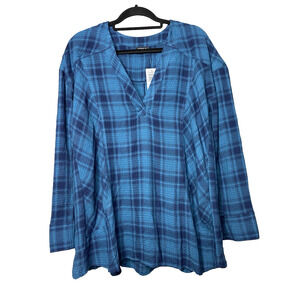 Torrid Crinkle Flannel Gauze Relaxed Tunic Top Women's 1 1X Blue Plaid NWT NEW
